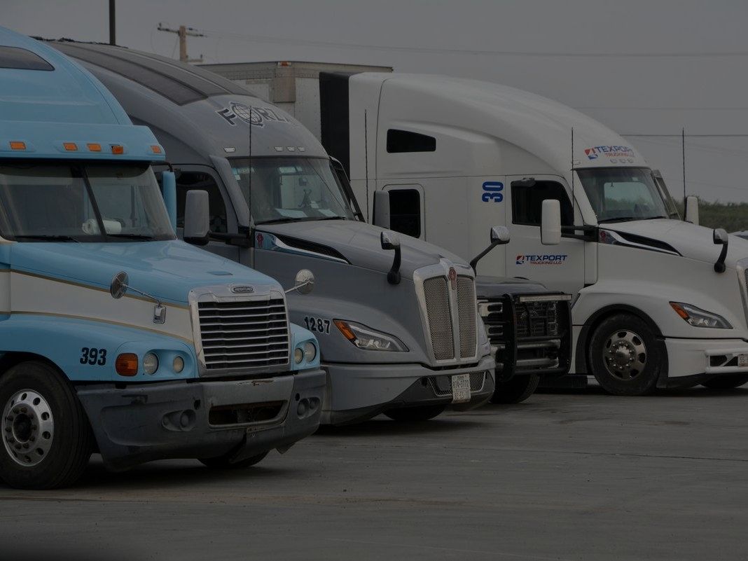 Row of commercial semi trucks parked in a yard